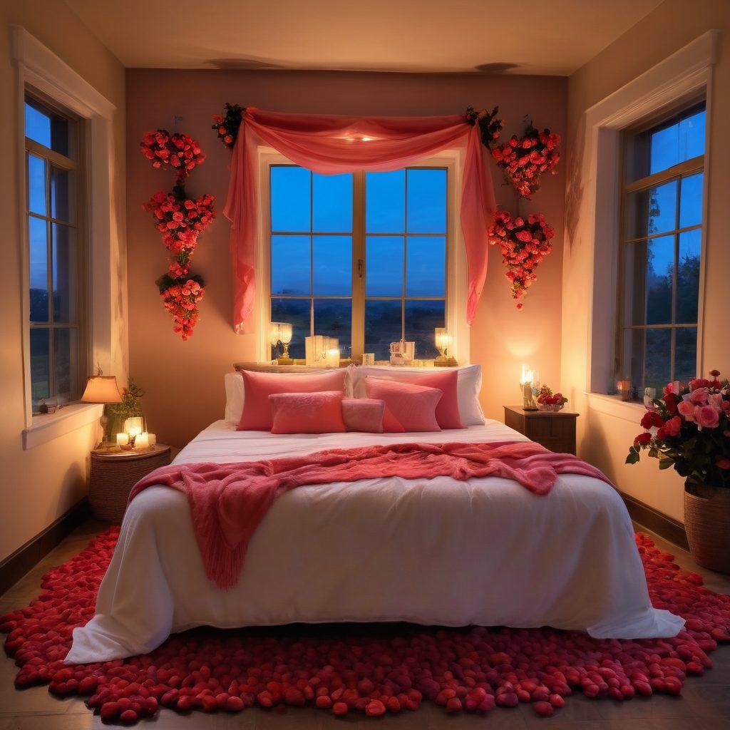 A cozy, candle-lit room adorned with soft pillows and lush fabrics, depicting an intimate setting for a romantic couple. Include a table with two glasses of wine and a plate of strawberries, creating a sense of joy and passion. Surround the couple with gentle heart-shaped clouds and delicate rose petals floating in the air. The color scheme should be warm and inviting, enhancing the feelings of love and connection. super-realistic. vibrant colors. soft lighting.