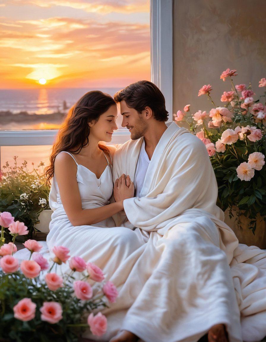 A dreamy scene illustrating a couple in an intimate setting, surrounded by soft lighting and delicate flowers, showcasing affection and romance. Emphasize cozy blankets, intertwined hands, and gentle smiles, with a backdrop of a serene sunset. The atmosphere should evoke warmth and love, capturing the essence of intimate moments in relationships. vibrant colors. soft focus. painting.