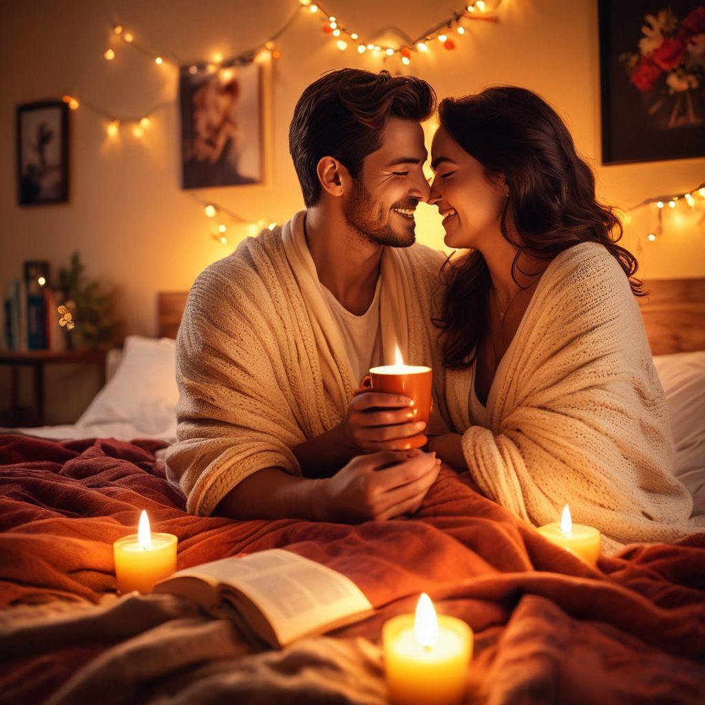 A warm and intimate scene of a couple sharing a joyful moment, surrounded by soft candlelight and cozy blankets, with vibrant colors depicting their laughter. Include elements like books, coffee cups, and heart-shaped decorations to symbolize connection and romance. The background should be softly blurred to emphasize their expressions, evoking feelings of passion and togetherness. super-realistic. warm colors. cozy ambiance.